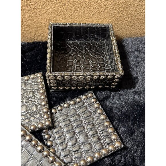 Dransfield & Ross Gray Crocodile Dark Red Coasters Set of 4 Embossed Nail Trim - Picture 8 of 9